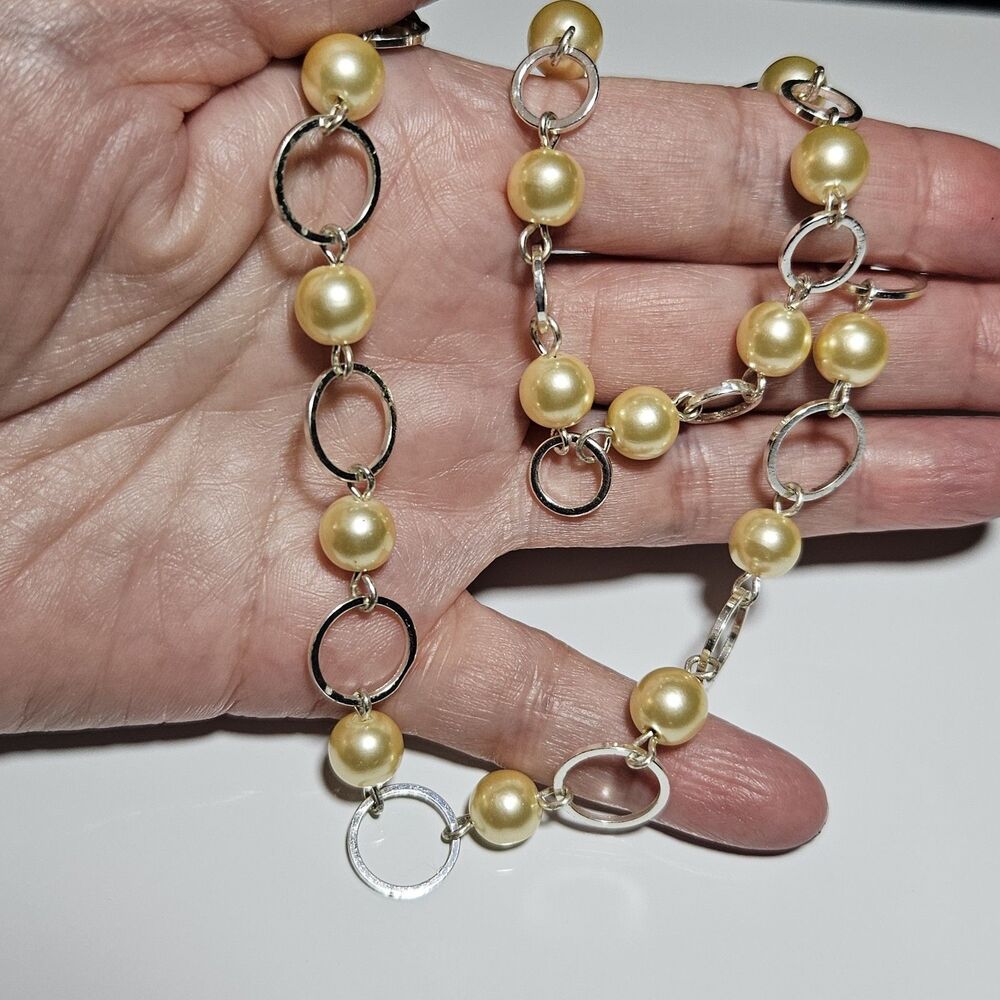 SHB Faux Pearl Necklace Silver Open Circles Necklace Bracelet 16.5" 6.25-6.75"